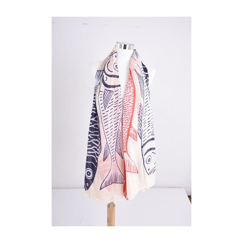 Étole 100 % coton imprimé poissons – Beige, bleu & rouge