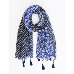Étole 100% Coton – bandes de marguerites bleues & pompons