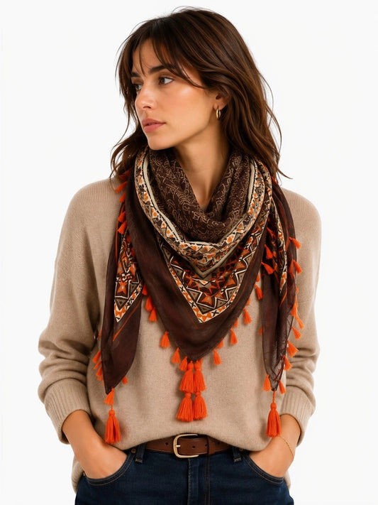Foulard carré en viscose marron et orange – 90 × 90 cm