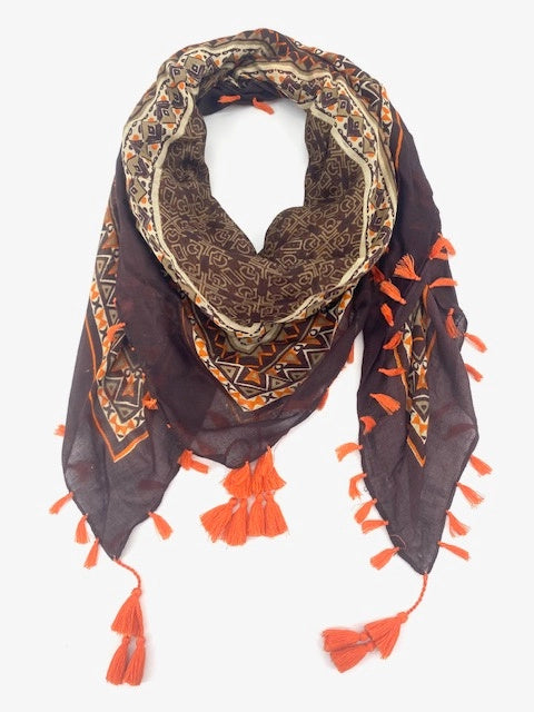 Foulard carré en viscose marron et orange – 90 × 90 cm