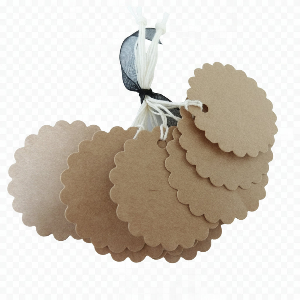 Étiquettes Rondes Kraft – Lot de 40 | Bords Dentelés & Ficelle Coton