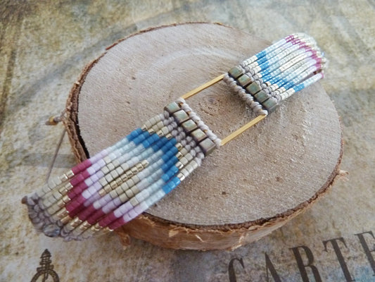 Bracelet Boho Chic Réglable – Perles Miyuki Multi-Rangs Bleu & Rose, Carré Acier Doré