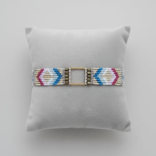Bracelet Boho Chic Réglable – Perles Miyuki Multi-Rangs Bleu & Rose, Carré Acier Doré