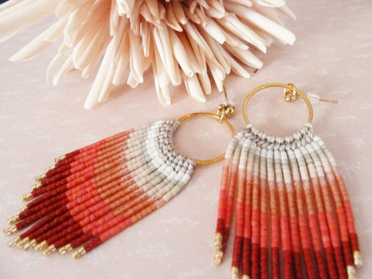 Peach Burgundy Ombre Tassel Earrings with Gold Steel Hoop