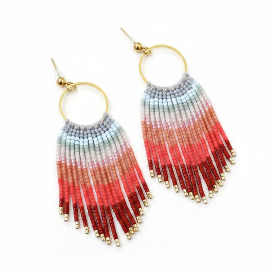 Peach Burgundy Ombre Tassel Earrings with Gold Steel Hoop