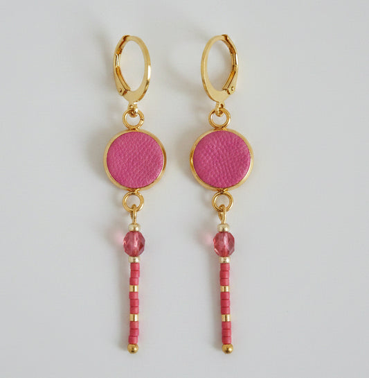 Boucles d'oreilles pendantes cuir rose & perles Miyuki – Perle à facette | Bohème Chic