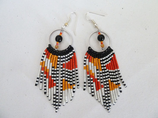 Bohemian Red and Black Beaded Fringe Earrings with Steel Ring