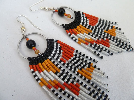 Bohemian Red and Black Beaded Fringe Earrings with Steel Ring