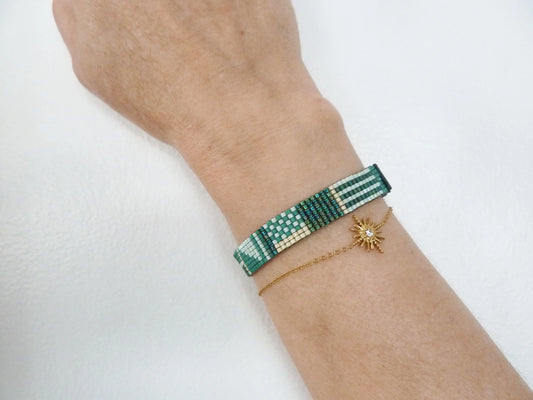 Bracelet tissé perles Miyuki – Tons vert & finitions cuir | Motifs géométriques Bohème