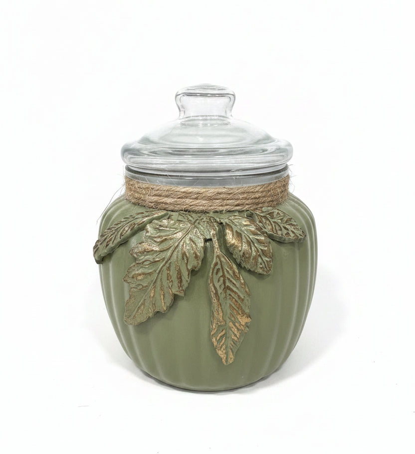 Khaki painted glass jar decorated with foliage
