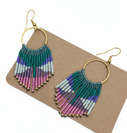 Boucles d'oreilles à franges perlées – Miyuki multicolore & anneau acier doré | Bohème Boho Chic