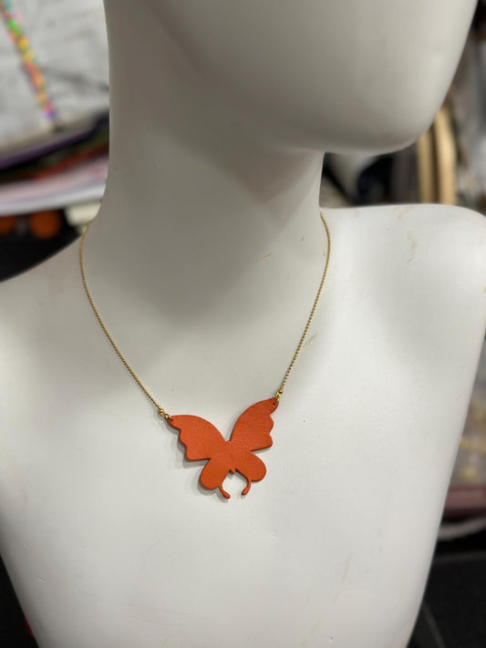 Orange Leather Butterfly Necklace and Gold Stainless Steel Chain