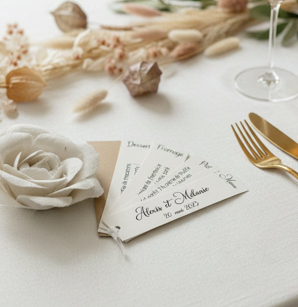Menus Éventail Rectangles Personnalisés – Papier Écru & Kraft | Mariage