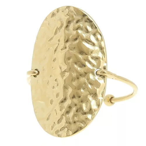 Bague Ovale Martelée Réglable – Acier Inoxydable Doré
