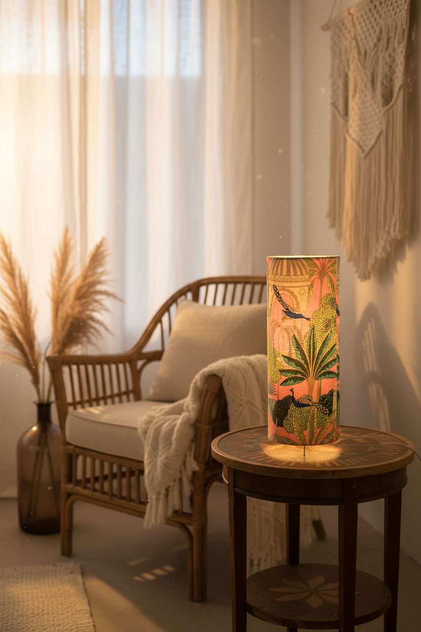 Lampe d'appoint – Socle cylindrique & tissu indien vert et rose