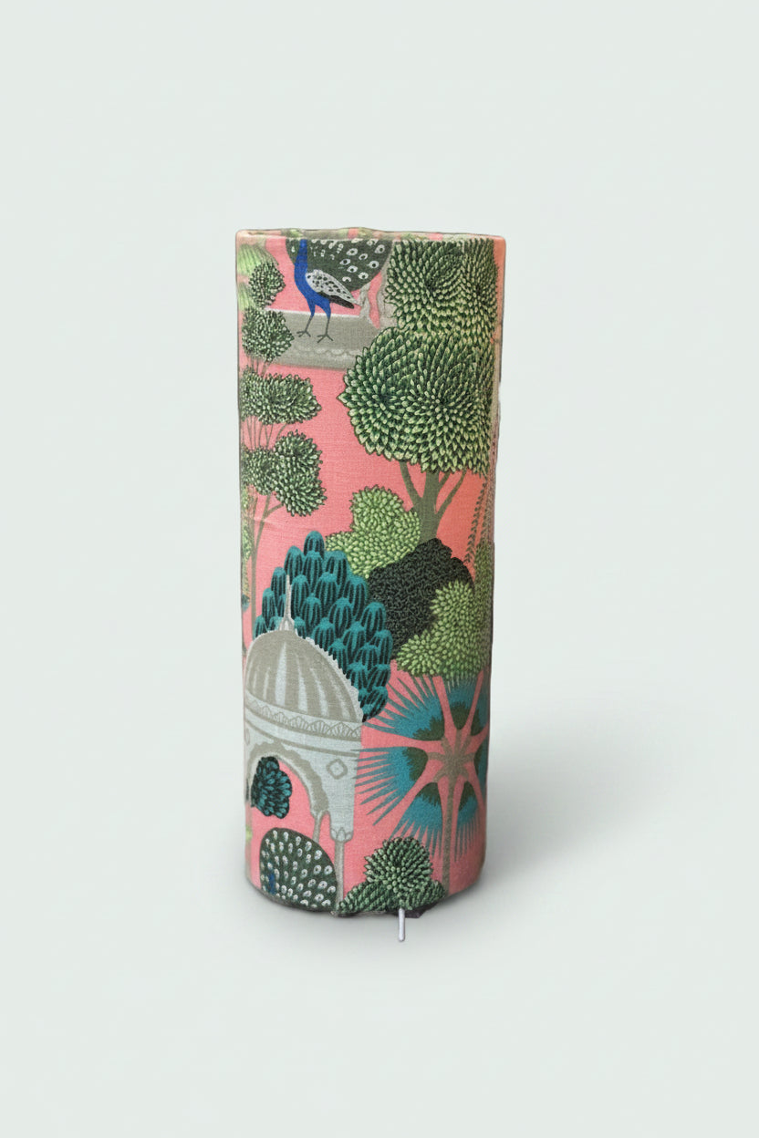 Lampe d'appoint – Socle cylindrique & tissu indien vert et rose