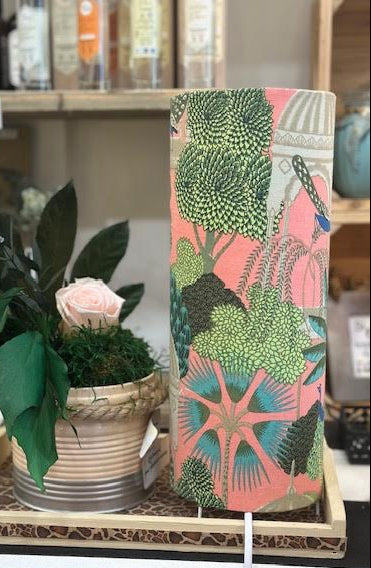Lampe d'appoint – Socle cylindrique & tissu indien vert et rose
