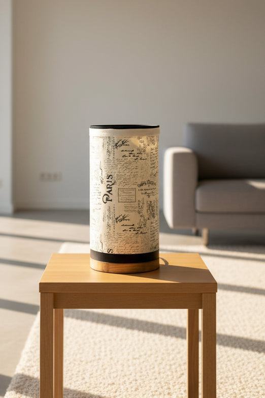 Lampe d’Appoint Upcyclée – Pied Bois & Abat-jour Papier Écriture