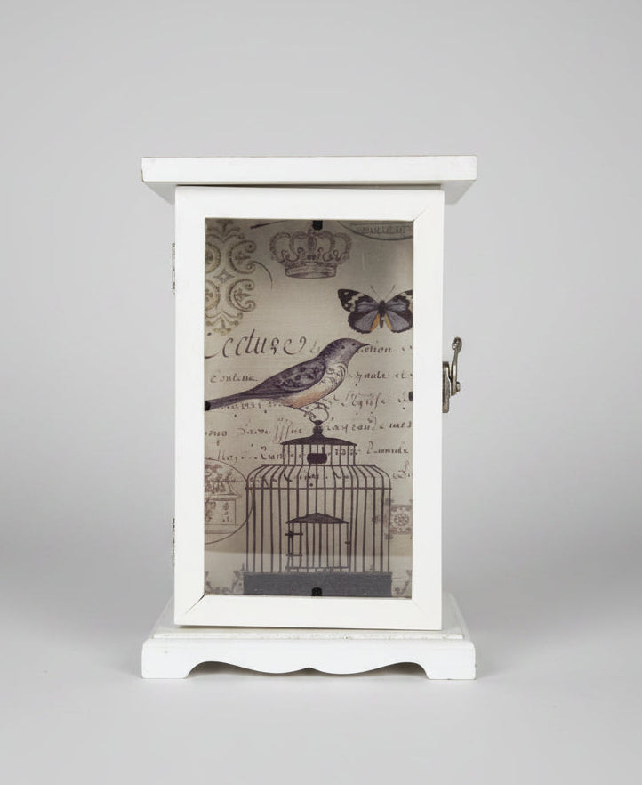 Lanterne bois & verre – Gravure oiseau sur cage, pièce chinée