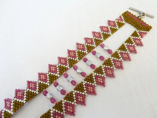 Double Woven Cuff Bracelet Green Pink Miyuki Beads and Faceted Beads