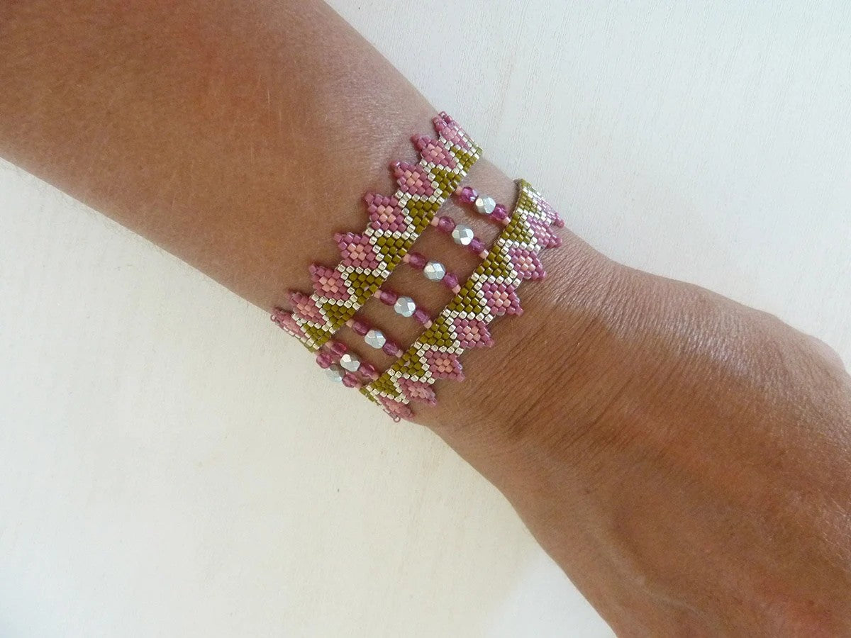Manchette Tissée Double Vert Rose Perles Miyuki et Facettes