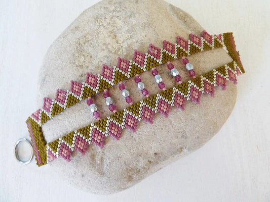 Double Woven Cuff Bracelet Green Pink Miyuki Beads and Faceted Beads