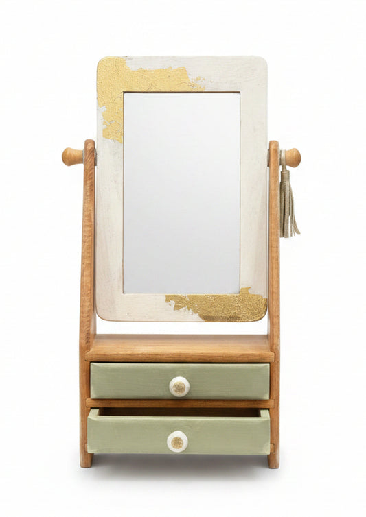Mini coiffeuse upcyclée – Miroir pivotant & 2 tiroirs