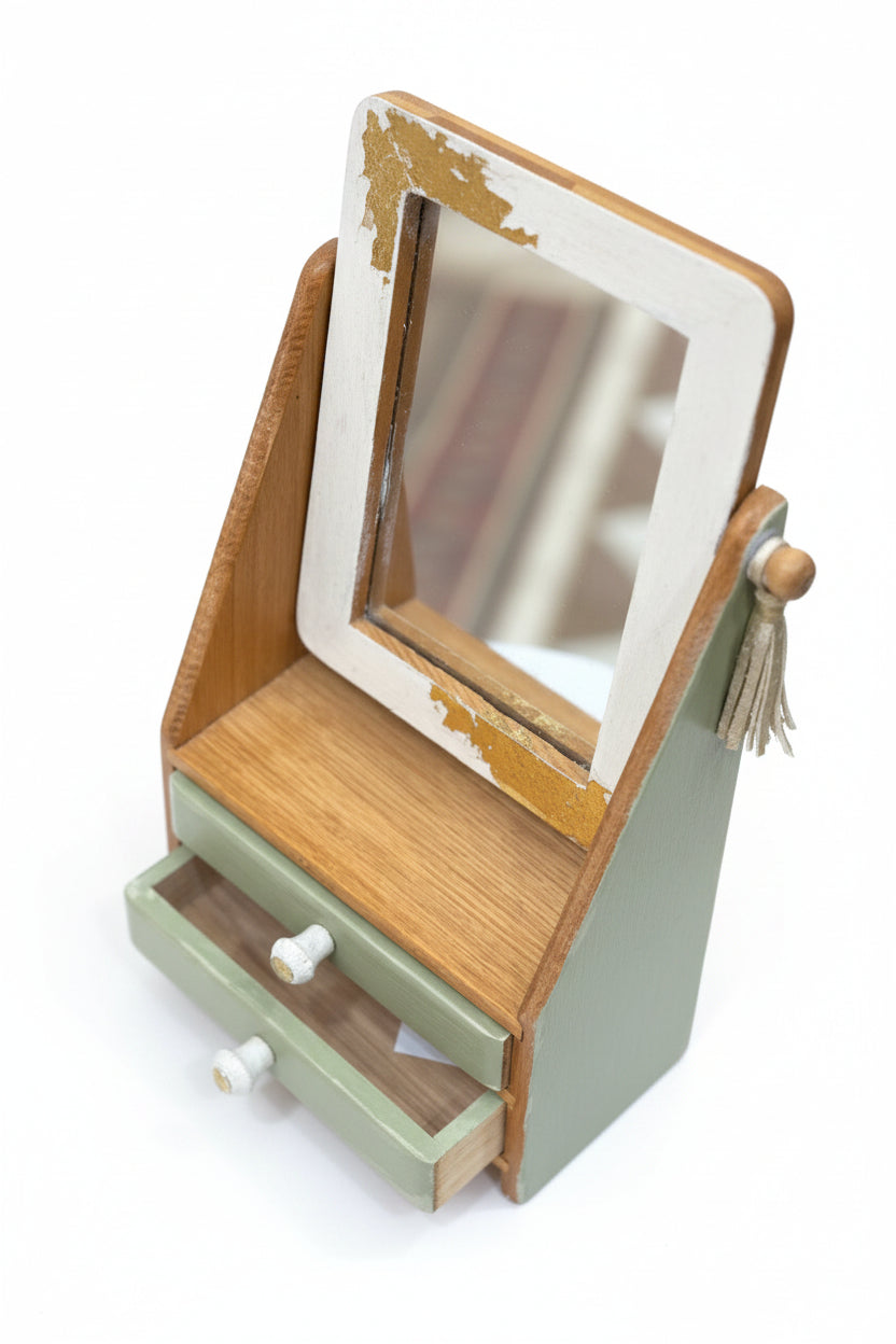 Mini coiffeuse upcyclée – Miroir pivotant & 2 tiroirs