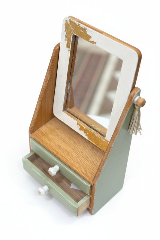 Mini coiffeuse upcyclée – Miroir pivotant & 2 tiroirs