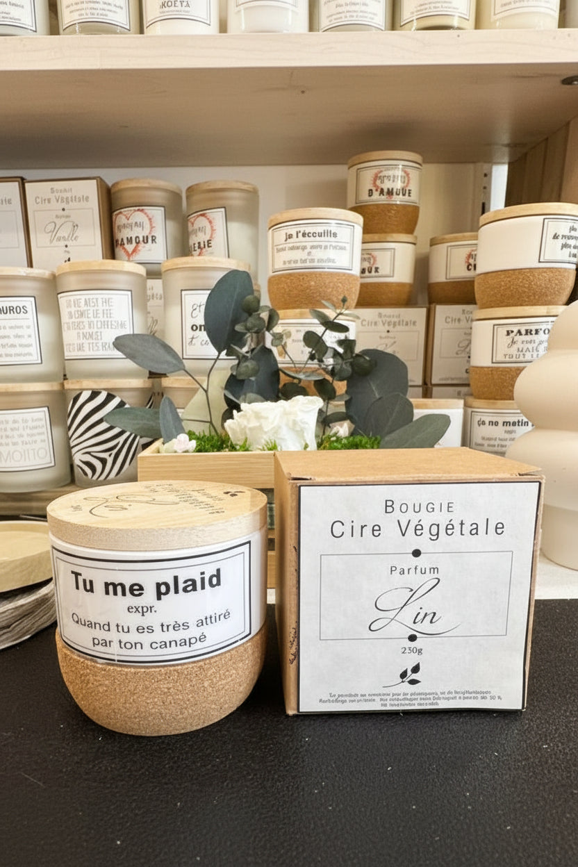 Bougie parfumée lin – Pot céramique & liège – Message humoristique – Prête à offrir