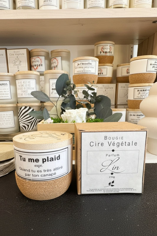 Bougie parfumée lin – Pot céramique & liège – Message humoristique – Prête à offrir