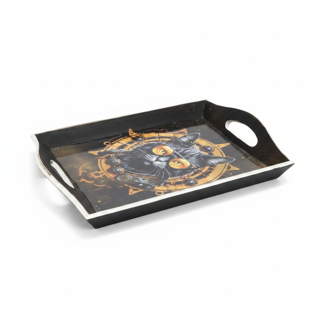 Plateau bois upcyclé – Motif chat steampunk – Pièce unique peinte & vernie