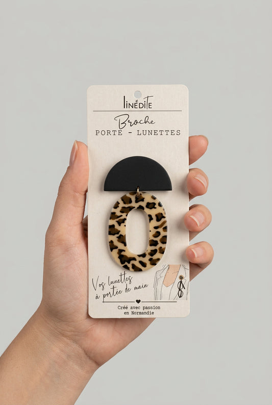 Broche porte-lunettes en bois et acrylique – Motif léopard