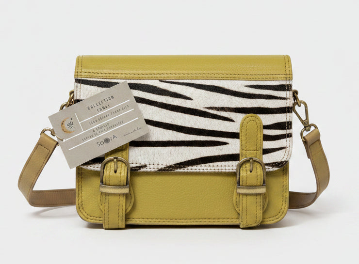 Sac Bandoulière en Cuir Jaune Moutarde & Empiècement Zèbre – Marque Saora
