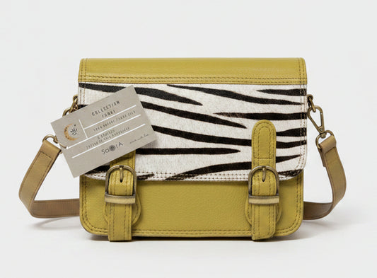 Sac Bandoulière en Cuir Jaune Moutarde & Empiècement Zèbre – Marque Saora