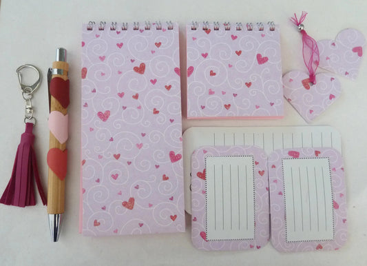 Pink stationery set, hearts, gift, purple and pink notepad and pen, pink leather pompom
