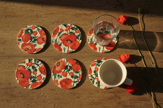 Lot de 6 sous-verres bambou & résine – Motif coquelicots – Déco table fait main