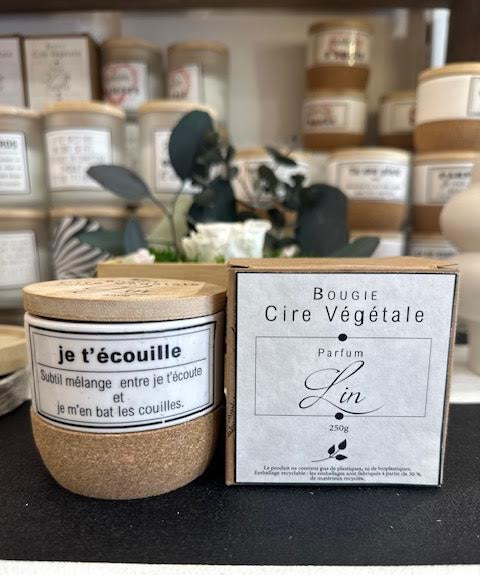 Bougie parfumée lin – Pot céramique & liège – Message humoristique – Prête à offrir (Copie)